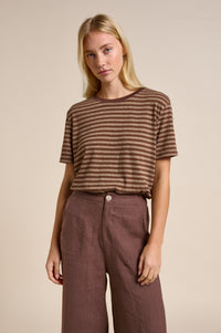 Lola t-shirt by little lies is a classic stripe chocolate brown cotton tee