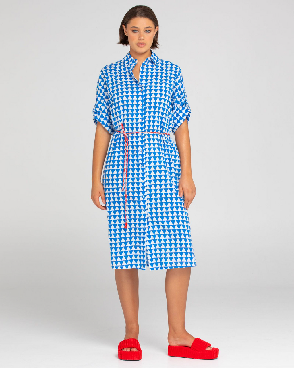 maui shirt dress by boom shankar in blue and white geo print