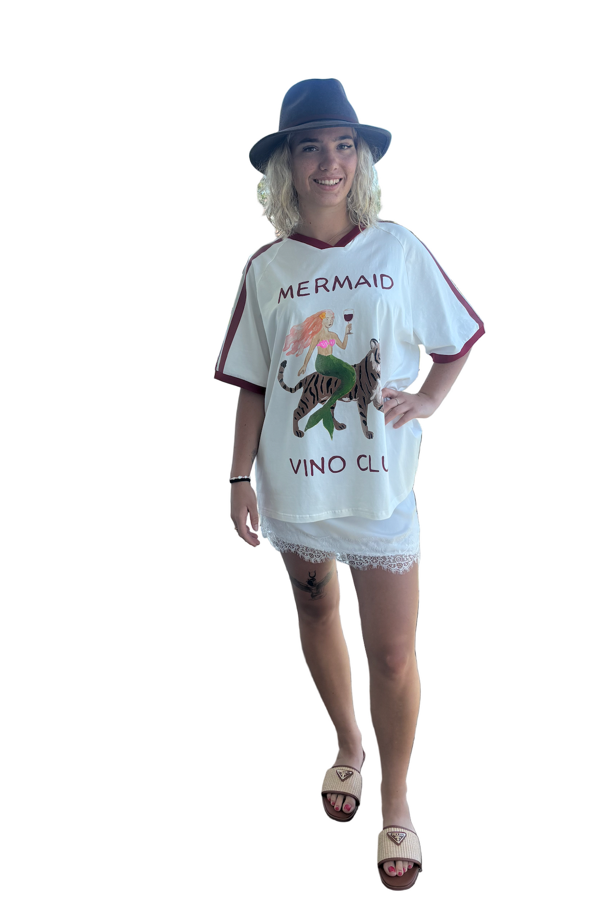 Mermaid vino club tee by frankie is a white cotton t-shirt with a mermaid riding a tiger sipping wine