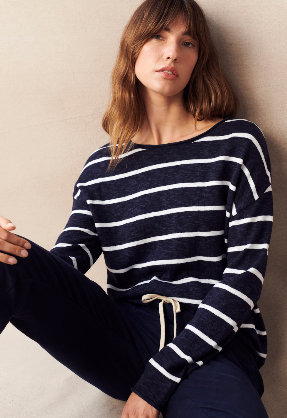 minnie top by little lies is a soft cotton blend long sleeve navy and white stripe top
