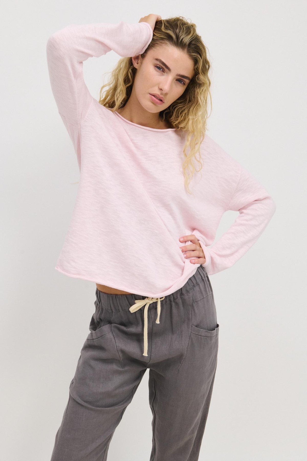 nellie top by little lies in light pink is a cotton light weight long sleeve