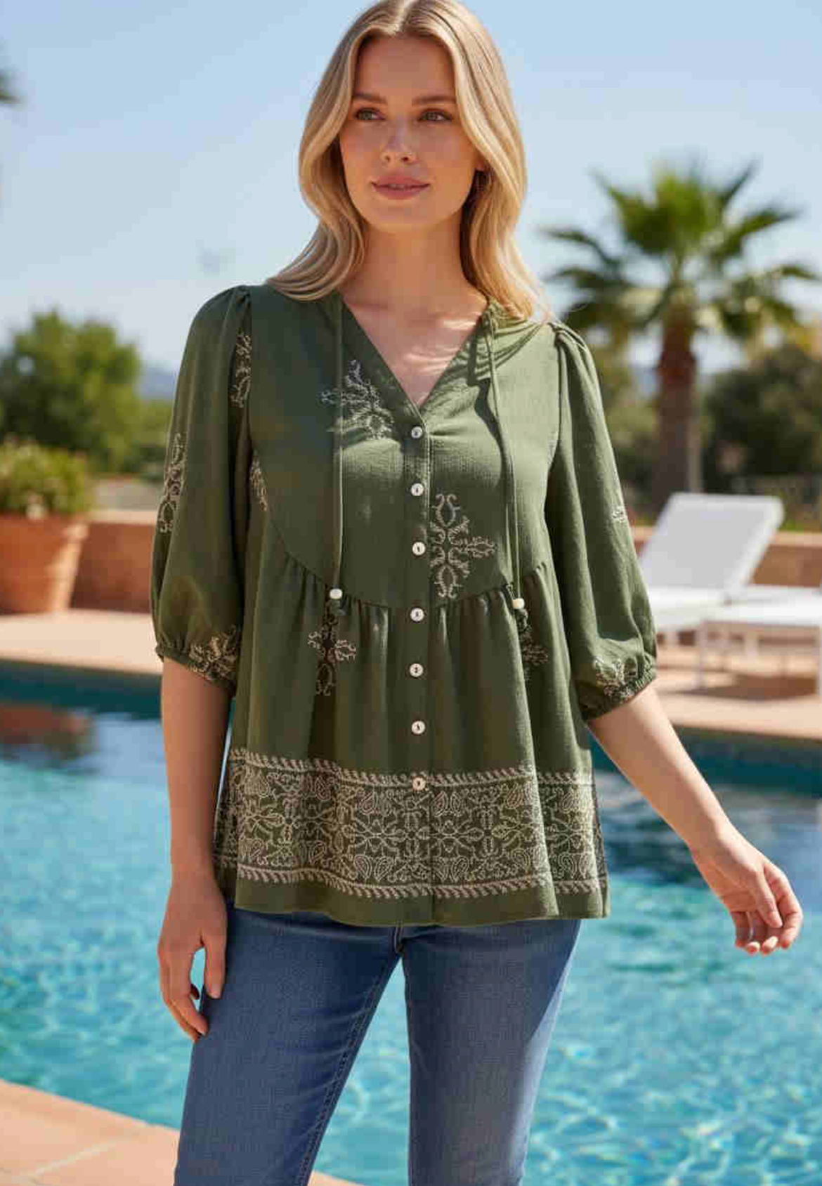 Olive Peasant Embroidered Top