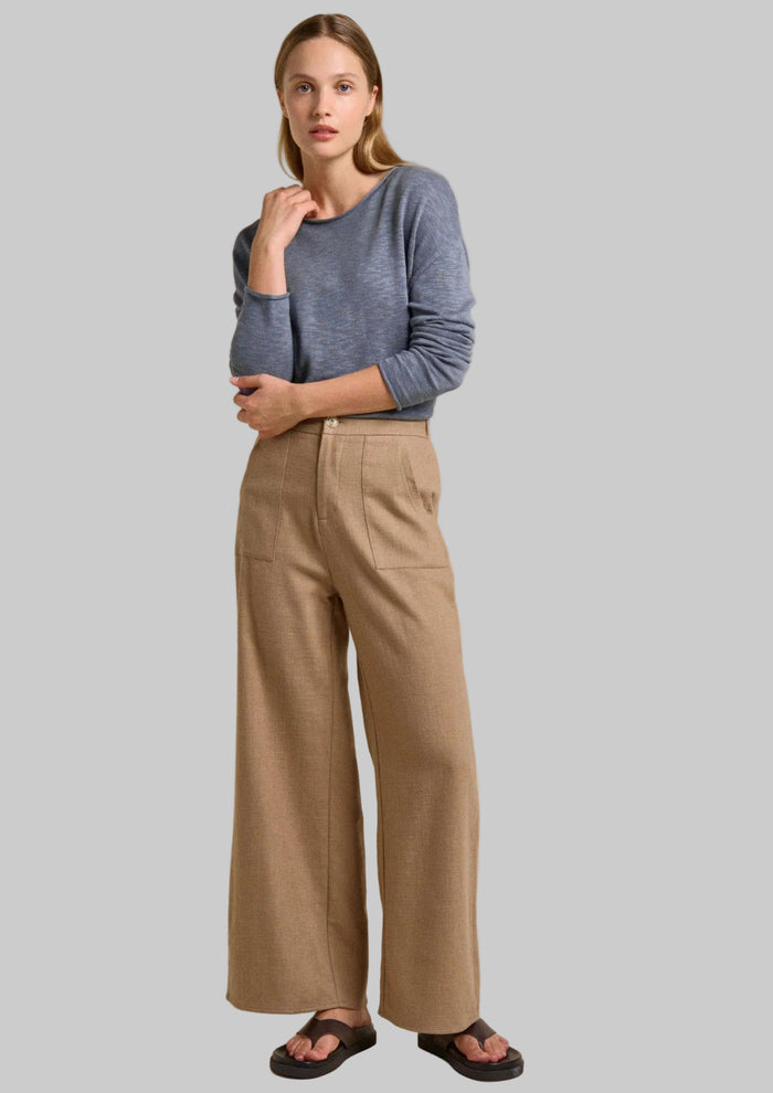 osaka pants in camel by little lies are wide leg winter weight linen and cotton trousers