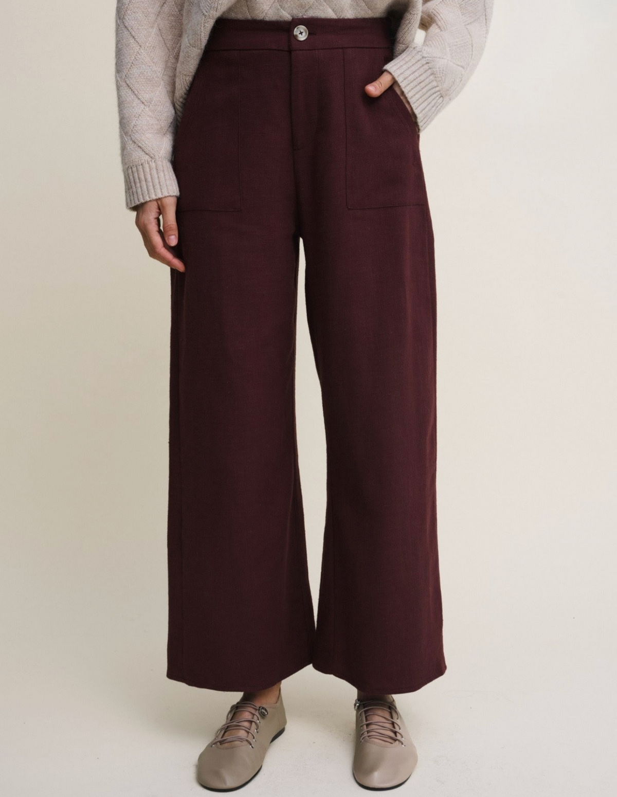 the osaka pants in burgundy linen by little lies are wide leg heavy weight Winter pants