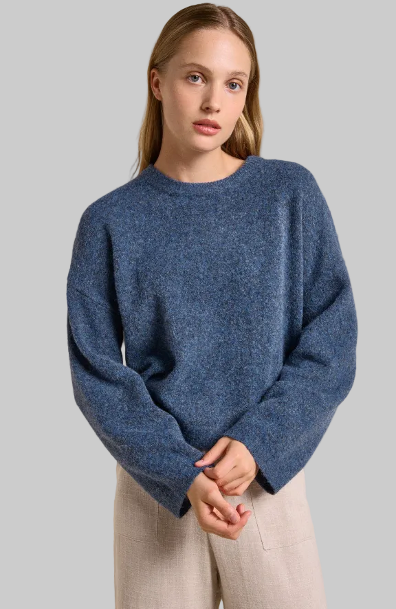 the otto knit by little lies is a super soft knitted relaxed fit sweater in denim blue