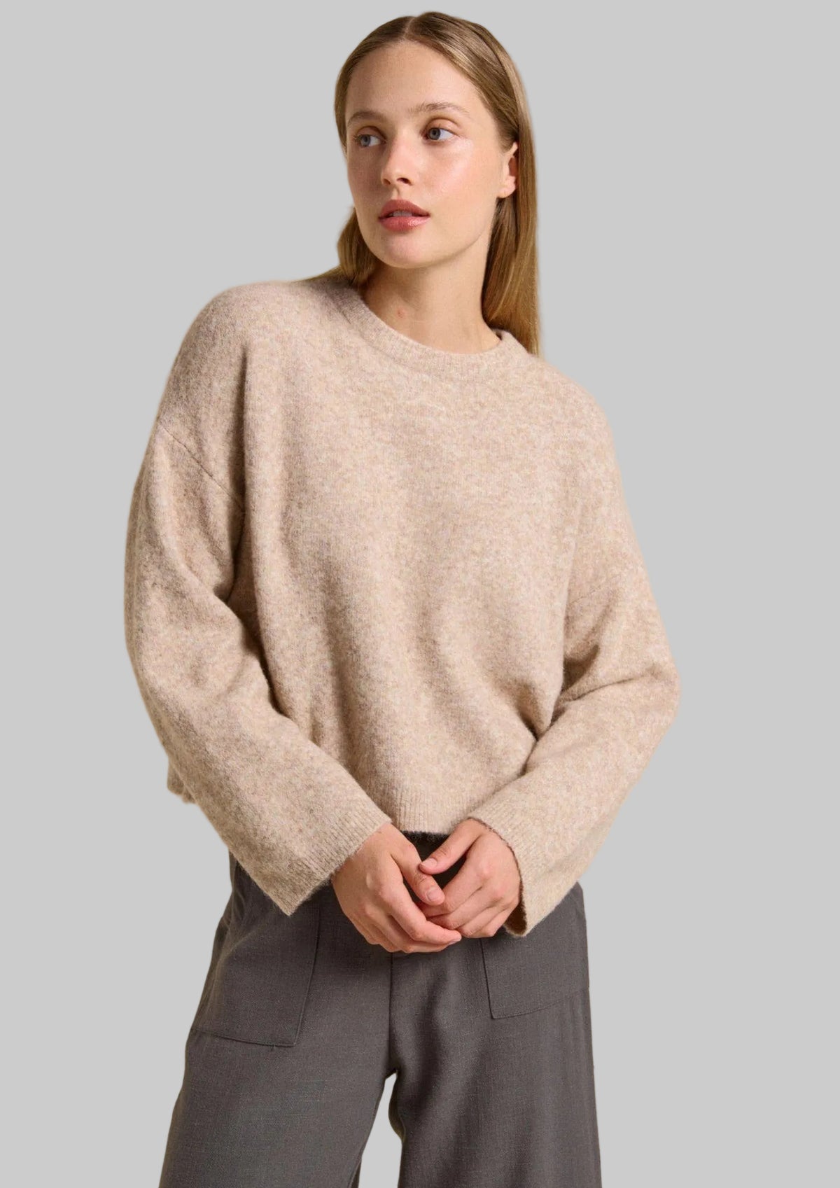 the otto knit by little lies is a super soft knitted relaxed fit sweater in latte