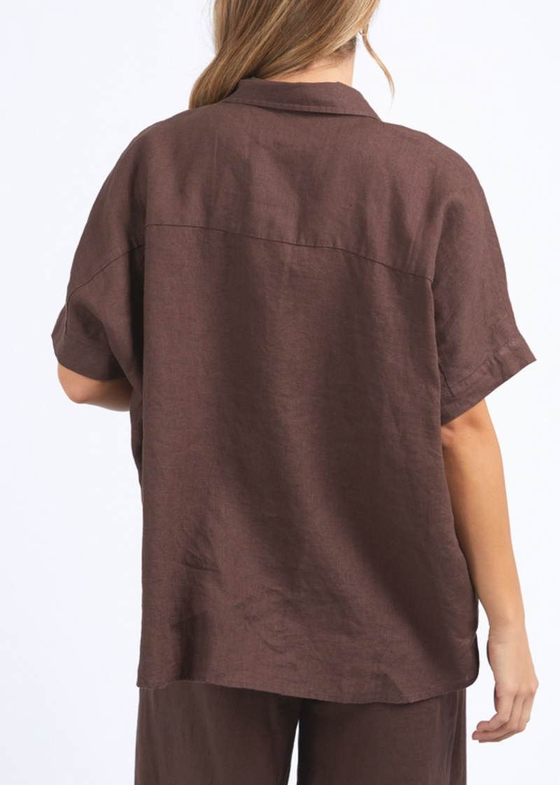 pierra shirt by foxwood is a chocolate brown linen button up oversized shirt