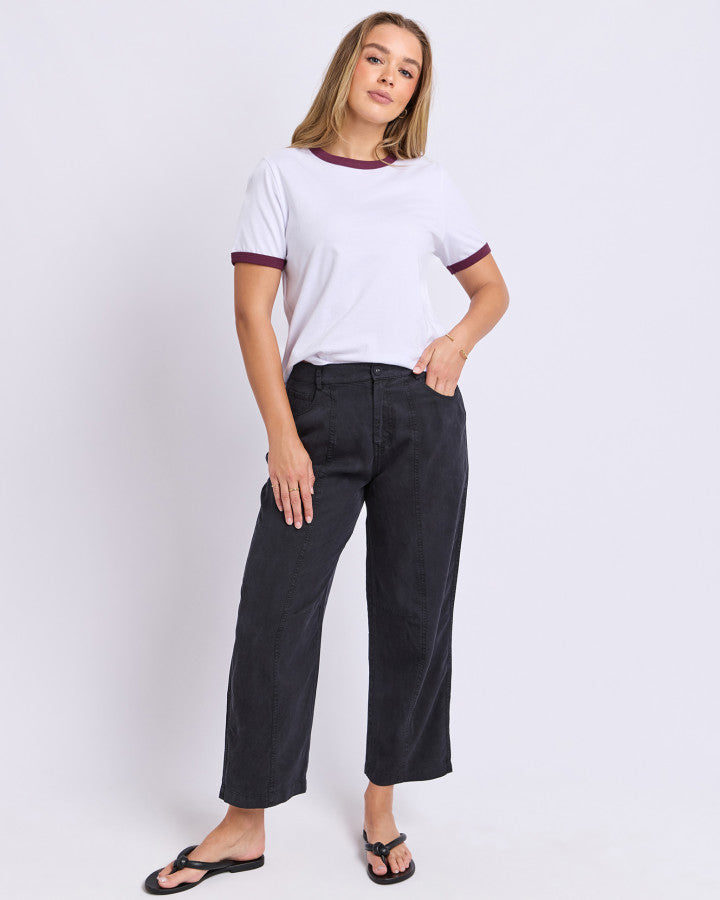The Polaroid Ringer Tee by Foxwood is a cotton white t-shirt with plum contrast neck band and a hint of retro charm