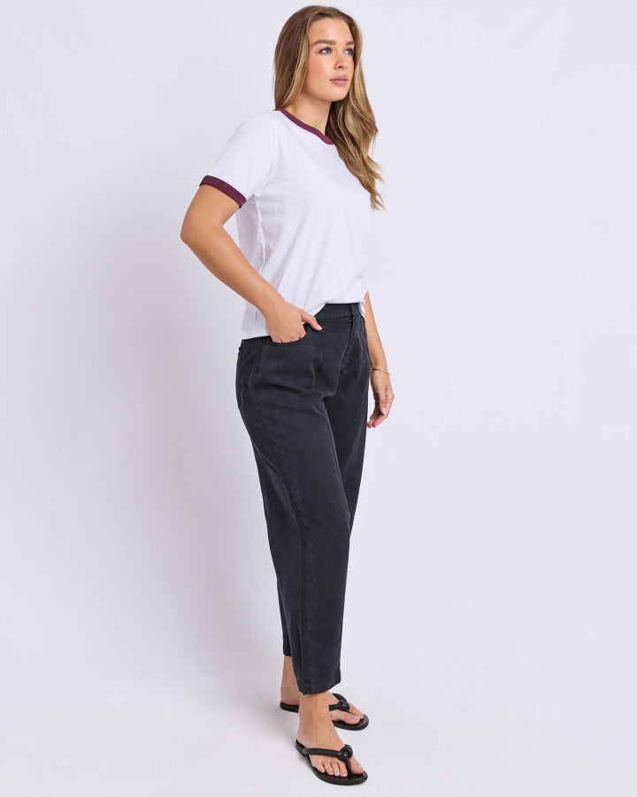 The Polaroid Ringer Tee by Foxwood is a cotton white t-shirt with plum contrast neck band 