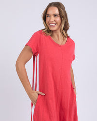 the recovery dress by foxwood is a red cotton v-neck a-line dress with pockets
