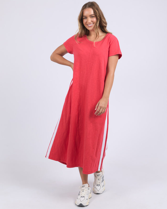 the recovery dress by foxwood is a red cotton v-neck a-line dress with pockets