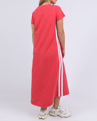 the recovery dress by foxwood is a red sporty cotton long dress made from cotton with a side racer stripe