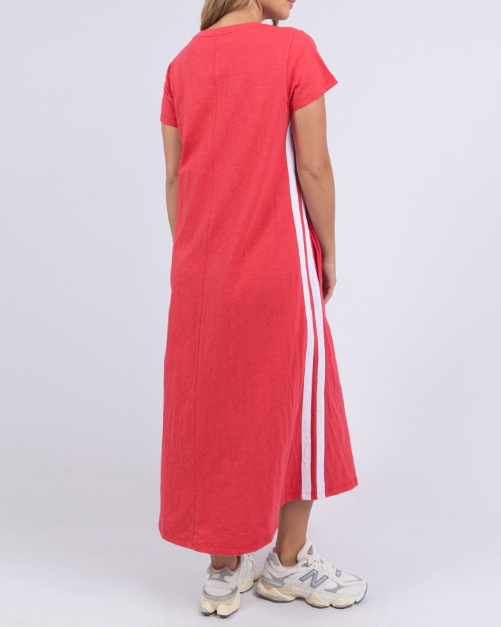 the recovery dress by foxwood is a red sporty cotton long dress made from cotton with a side racer stripe