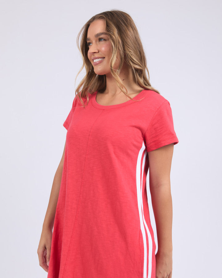 the recovery dress by foxwood is a red sporty cotton long dress made from cotton with a side racer stripe