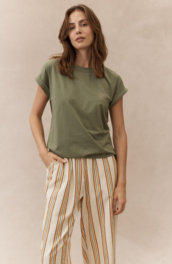 the rhodes tee by little lies is a super soft t shirt with a rolled sleeve in high quality cotton blend in khaki