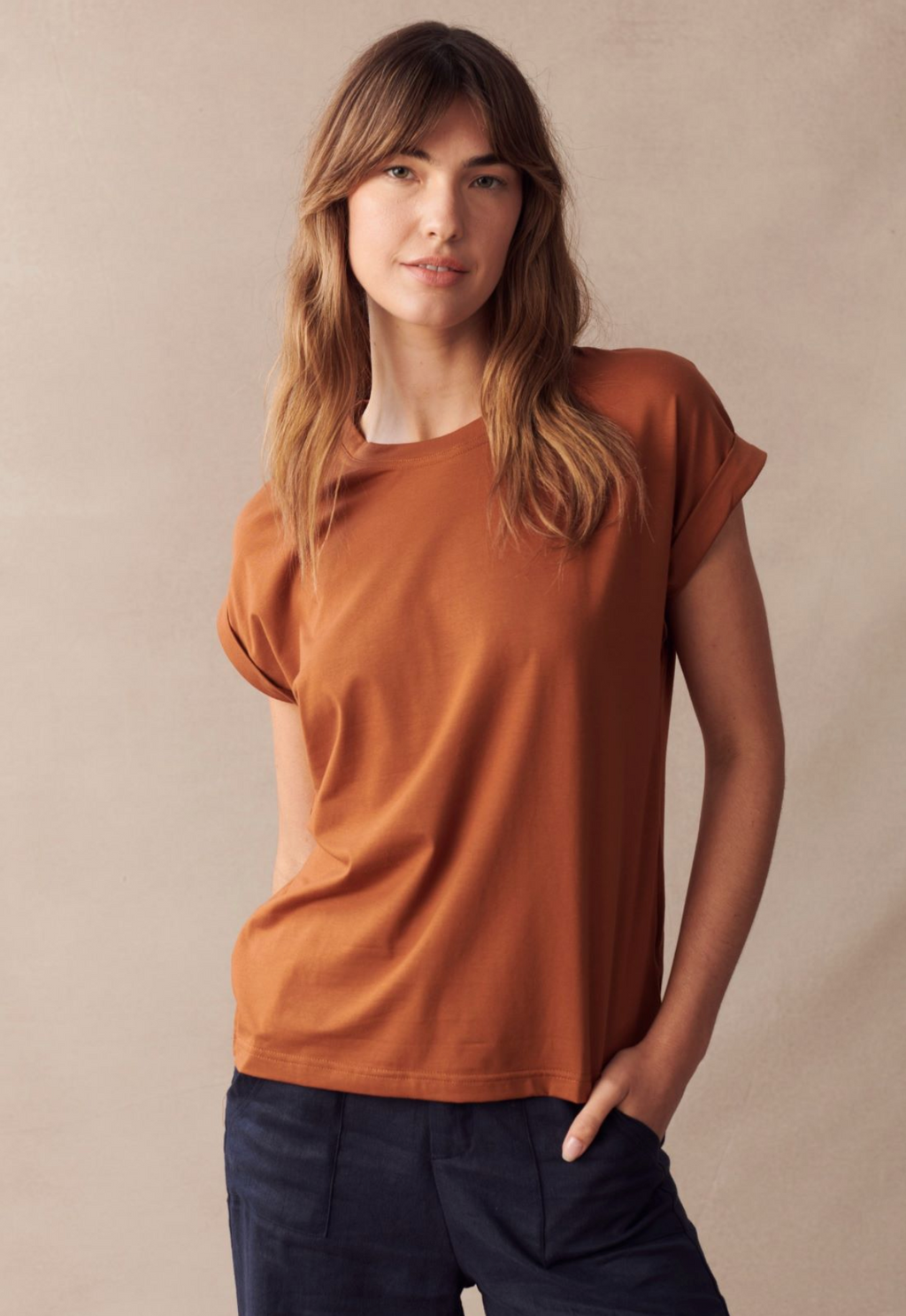 rhodes tee by little lies is a rust rolled sleeve cotton soft to touch t-shirt