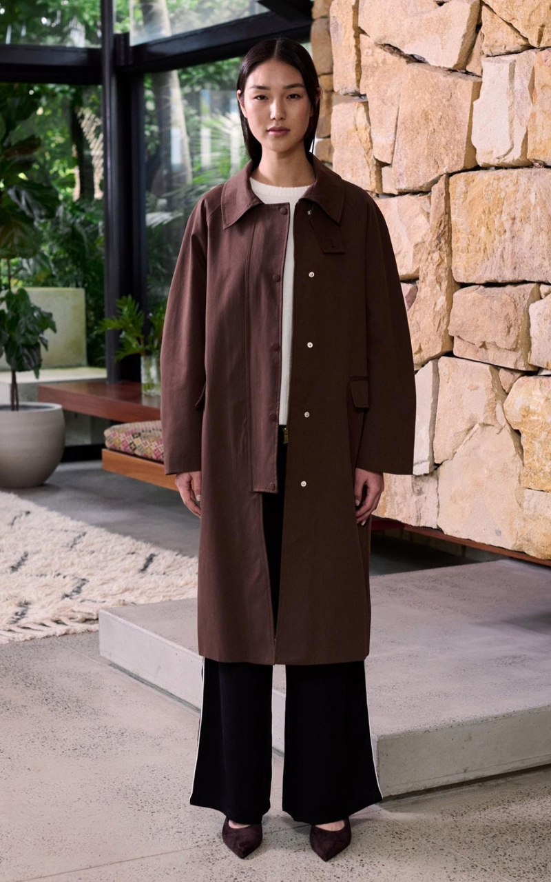 shona trench coat in chocolate by little lies