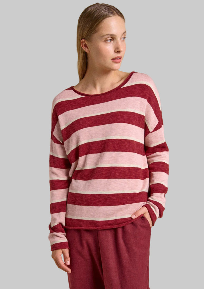sophie stripe top by little lies is a cotton long sleeve in pink, cherry and beige stripes