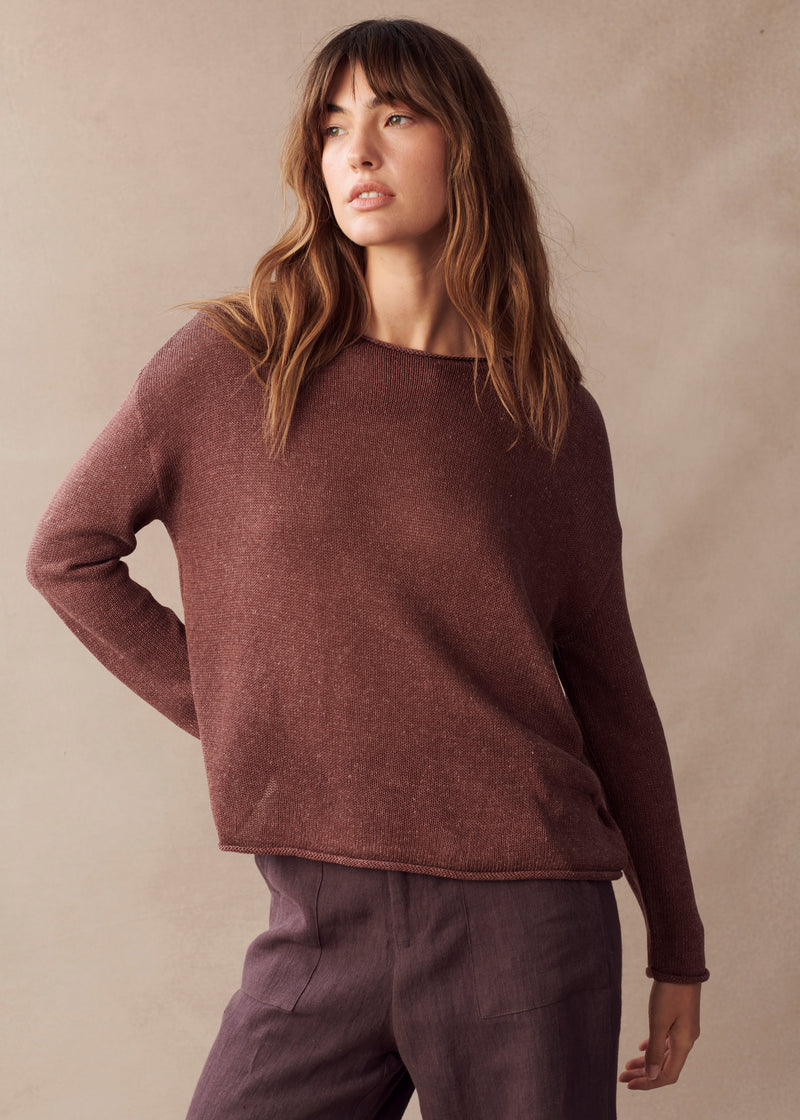 the spring knit by Little lies is a luxury linen blend long sleeve knitted top in cherry brown