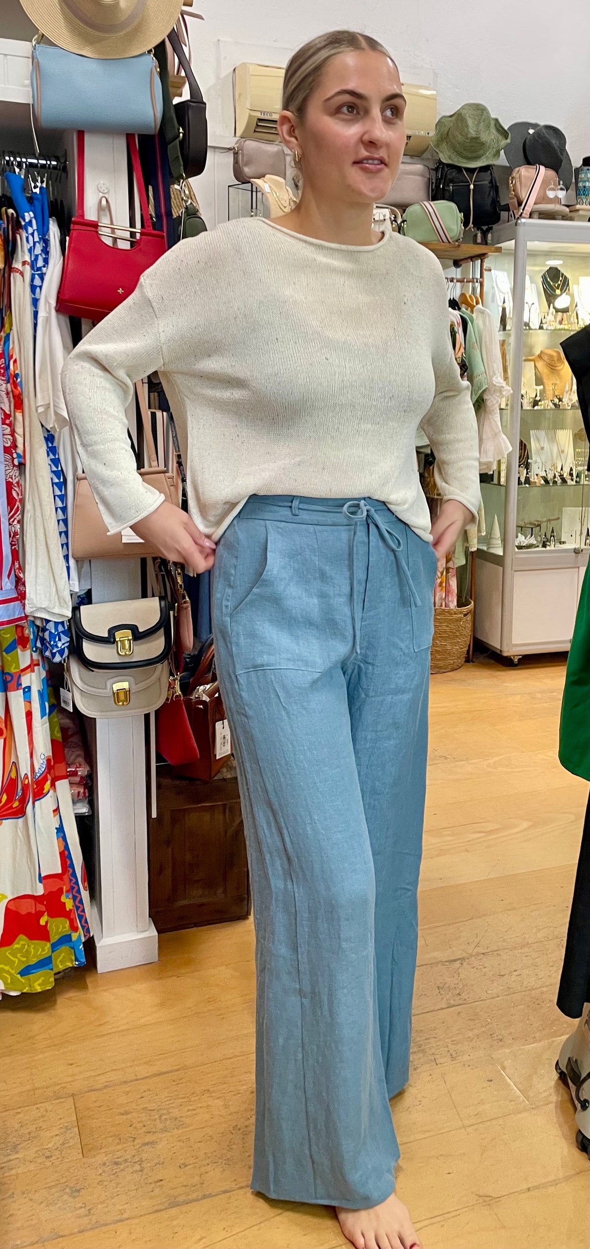 the spring knit by Little lies is a luxury linen blend long sleeve knitted top in natural