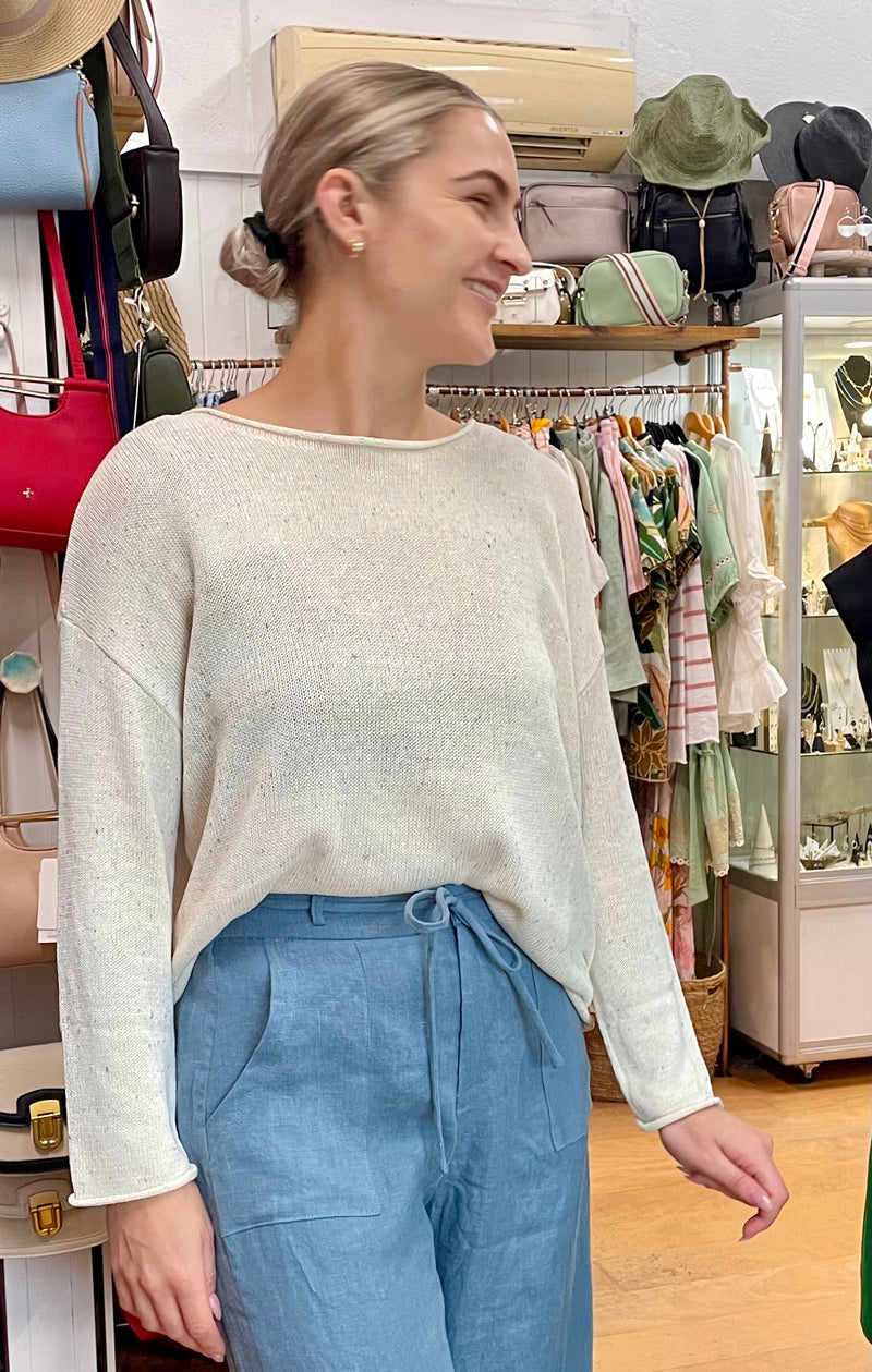 the spring knit by Little lies is a luxury linen blend long sleeve knitted top in natural