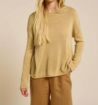 little lies spring knit in mustard yellow is a linen blend long sleeve knit top