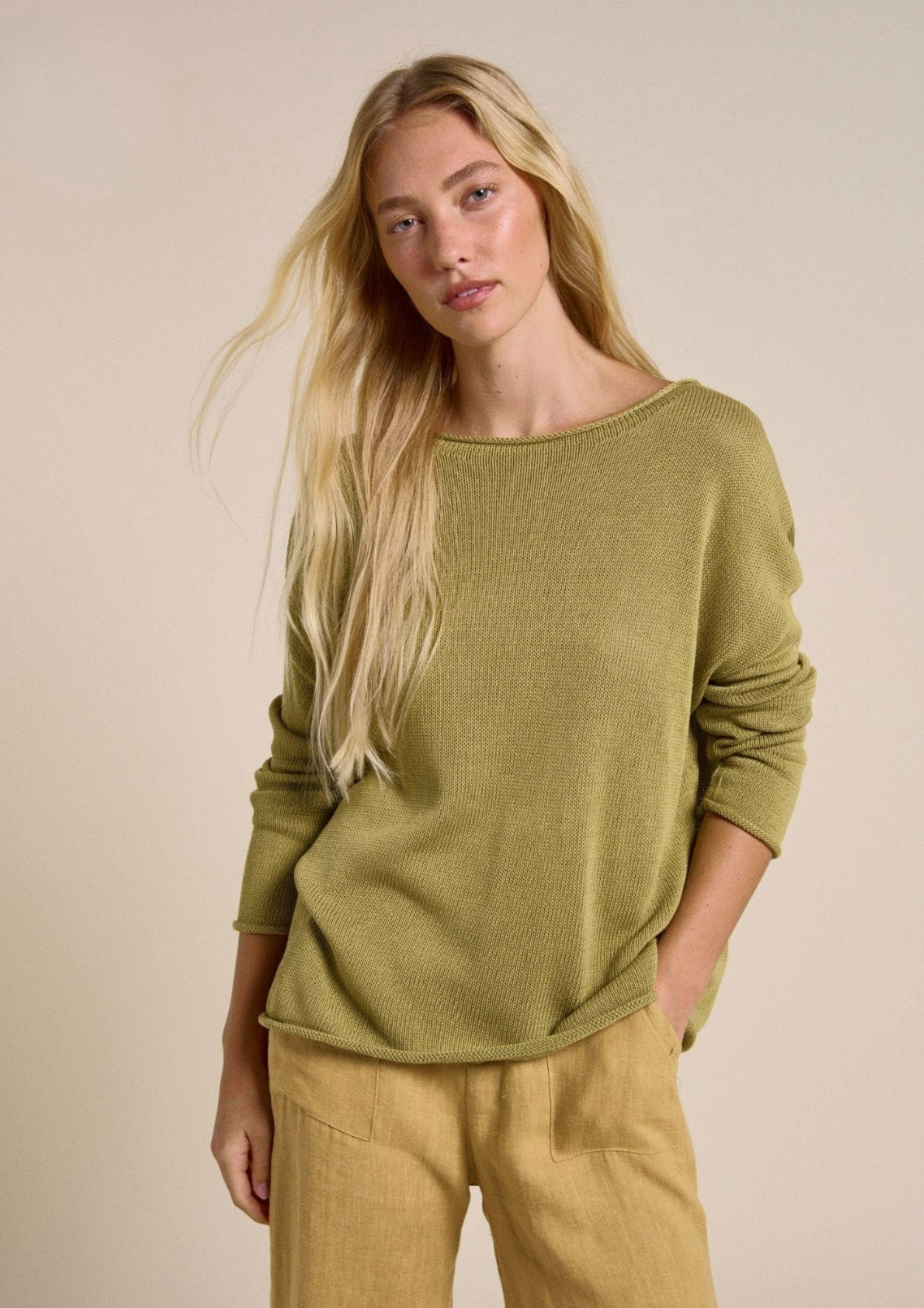 spring knit by little lies is a knitted top in a linen blend in olive
