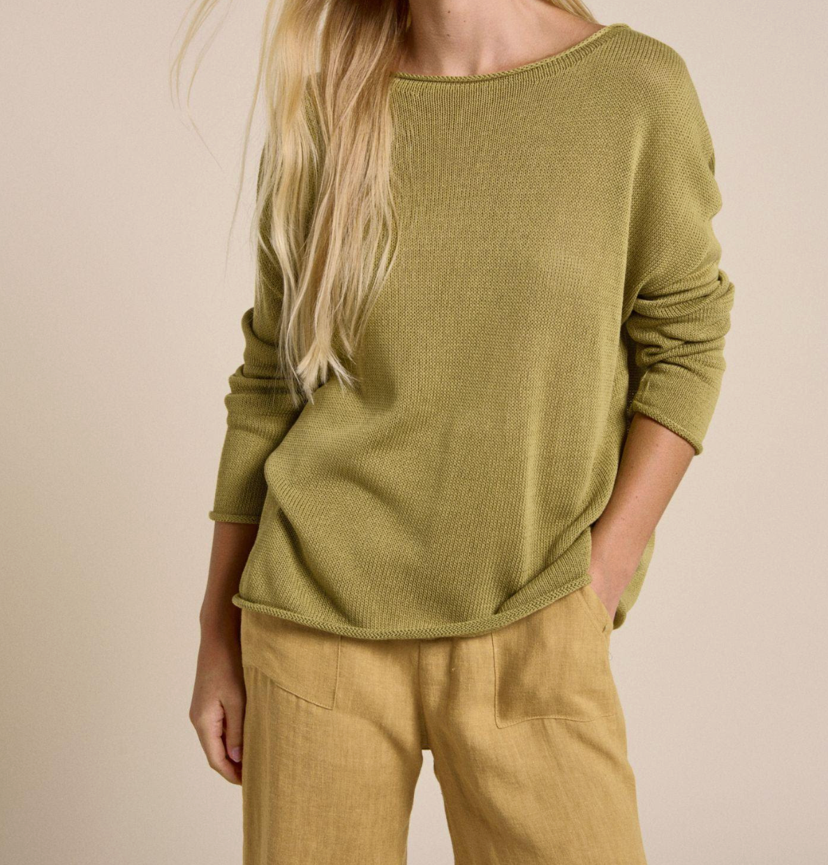 little lies spring knit in olive green is a linen blend knitted top