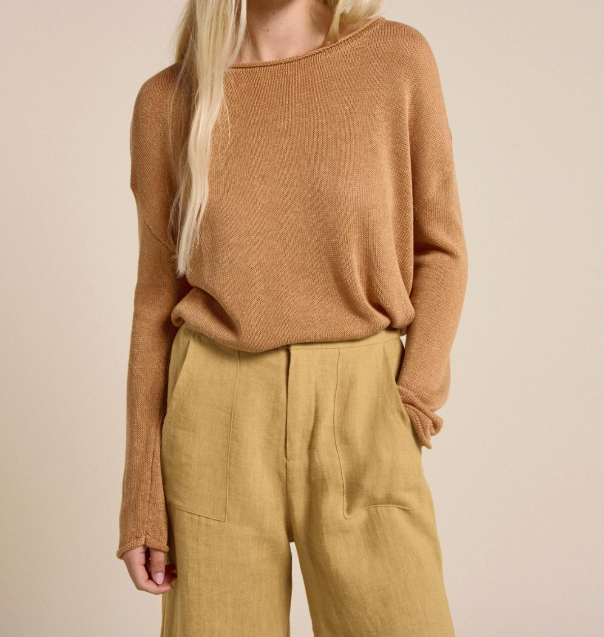 little lies spring knit is a rust linen blend knitted tlong sleeve casual ladies op