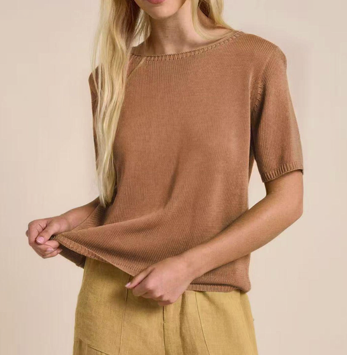 spring tee by little lies is a short sleeve knitted top in a linen blend 