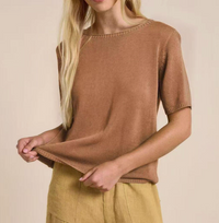 spring tee by little lies is a short sleeve knitted top in a linen blend 