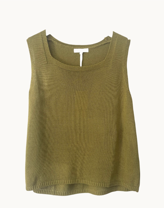 square neck spring tank by little lies is a knitted sleeveless linen blend top in olive green