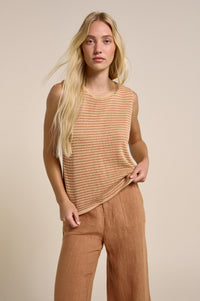 a stripe knitted sleeveless tank top by little lies in rust and mustard yellow