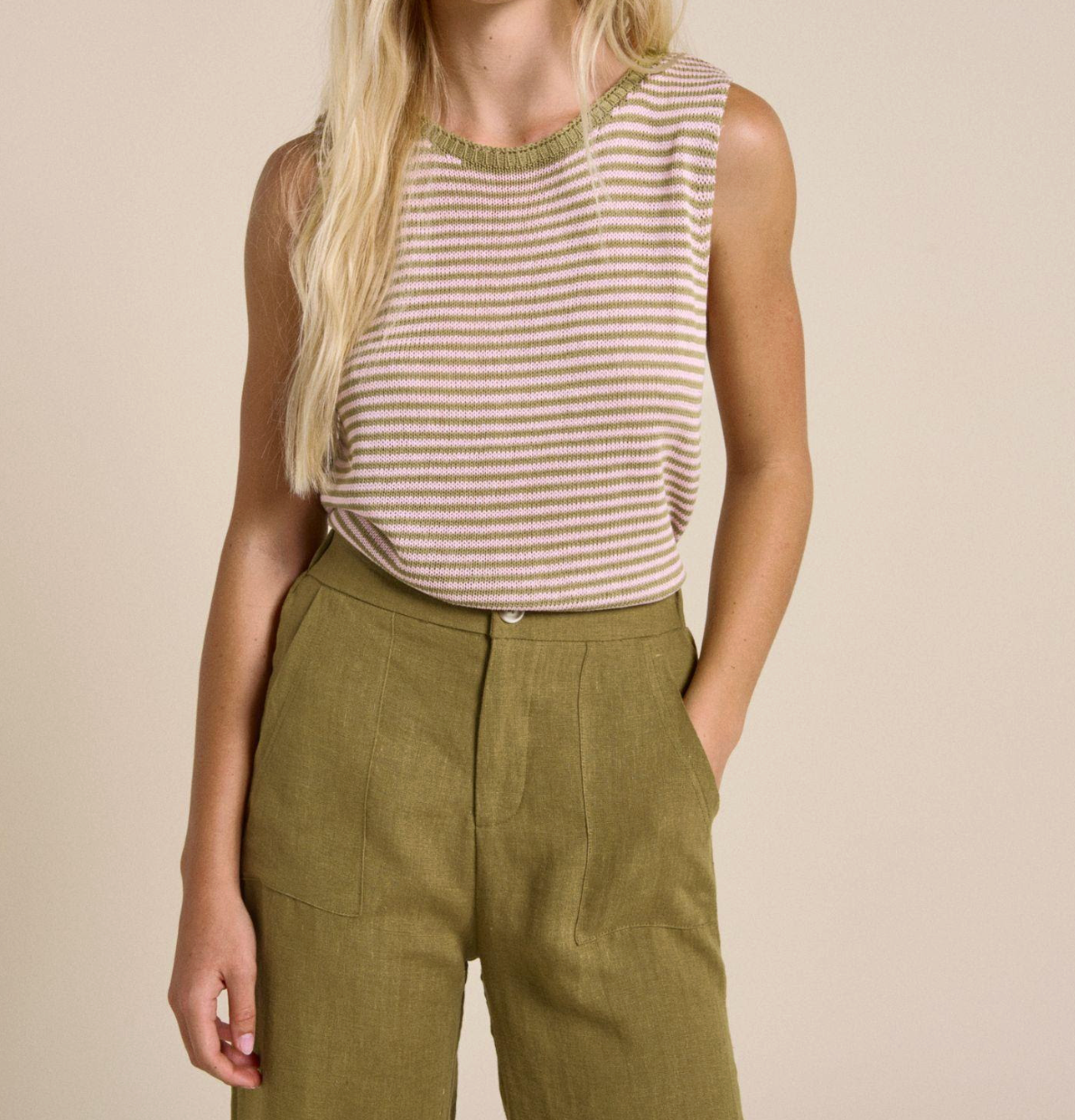 a stripe knitted sleeveless tank top by little lies in olive and pink