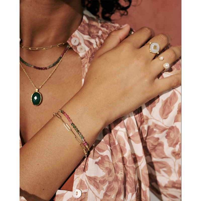 Statement jewellery by Murkani. Tourmaline bracelet in yellow gold plate