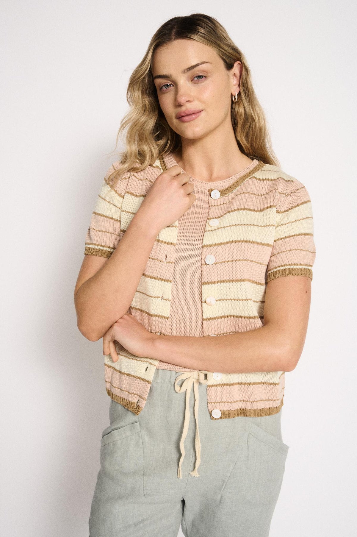 Solene Stripe Button Top - Dusty Pink