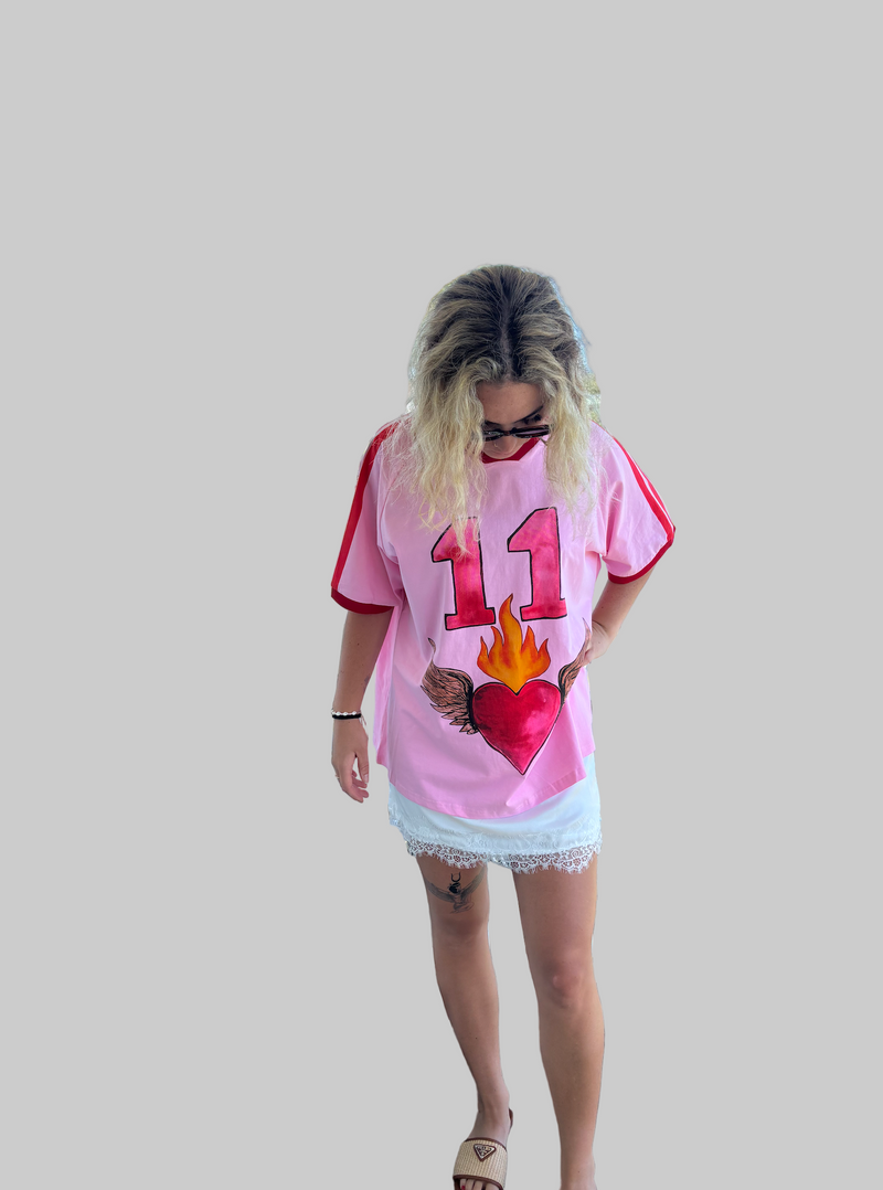 pink and red winged heart cotton tee by frankie with contrast red bands