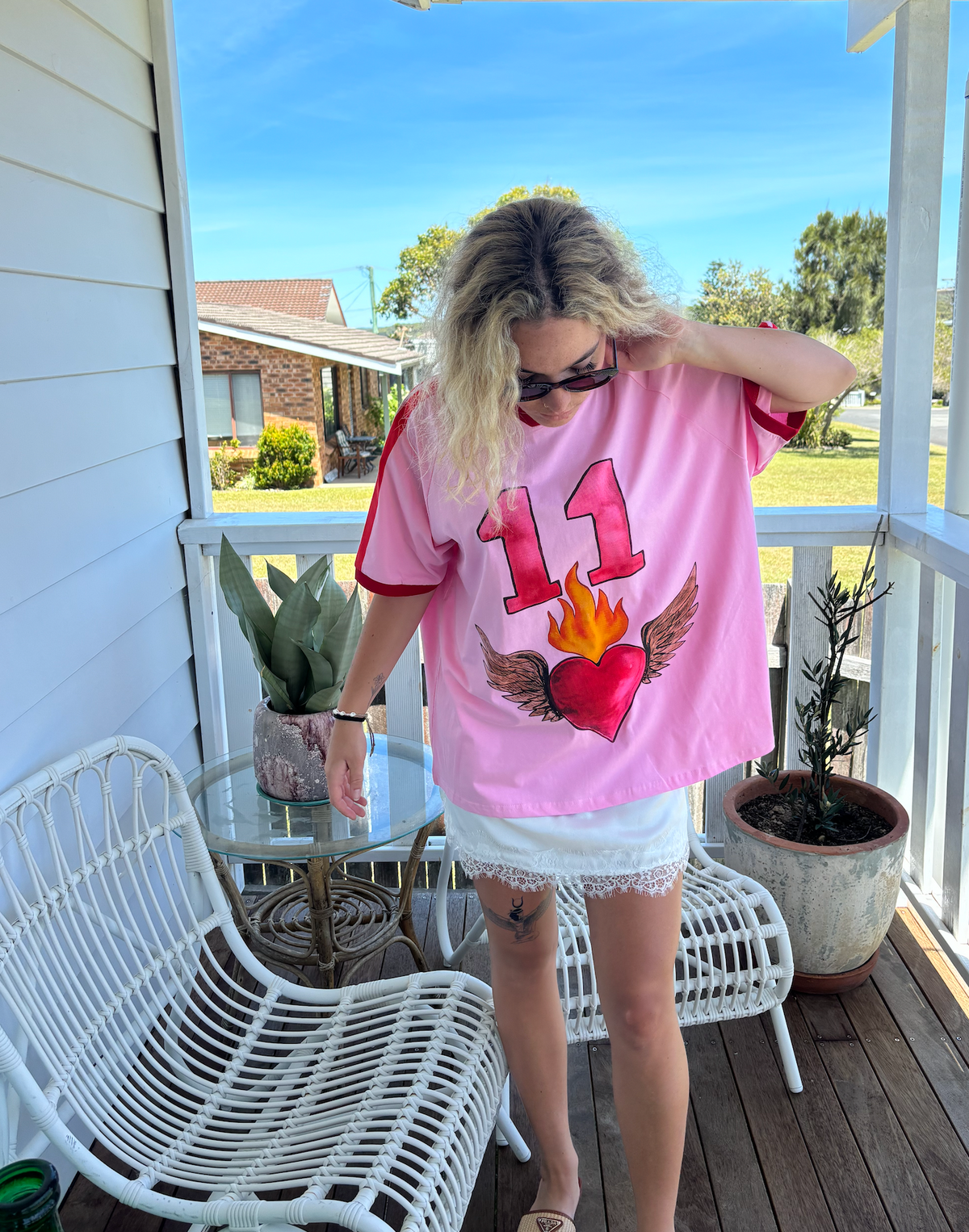 pink and red winged heart cotton tee by frankie with contrast red bands