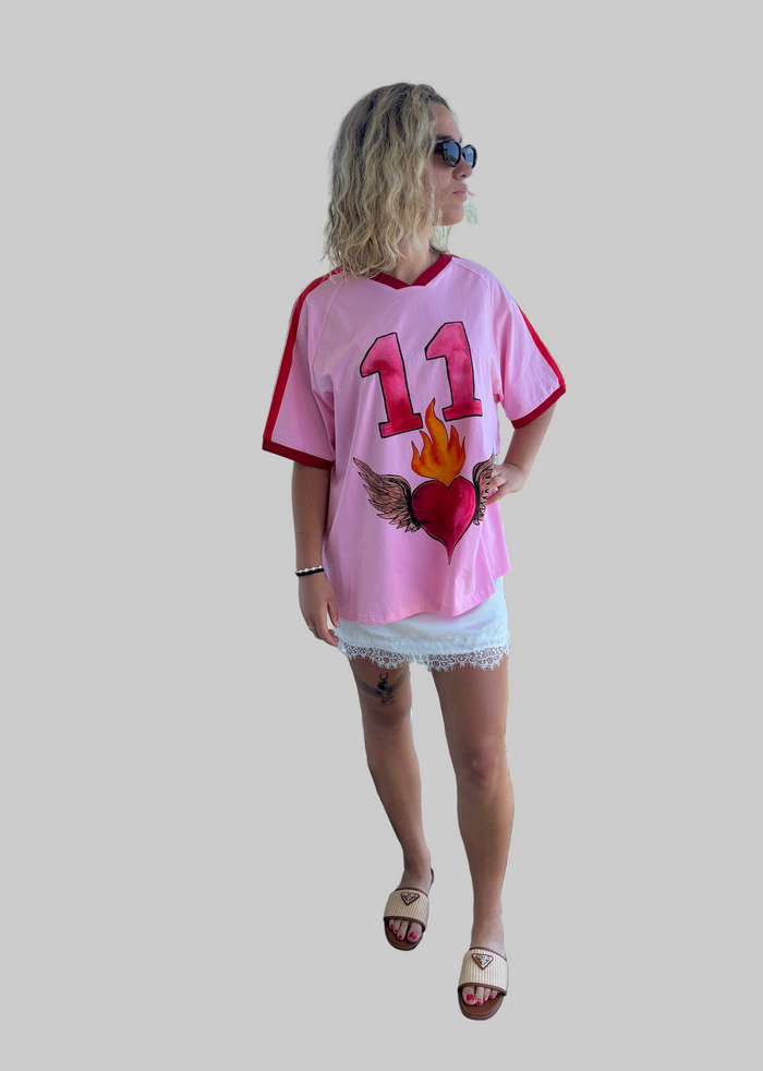 pink and red winged heart cotton tee by frankie with contrast red bands