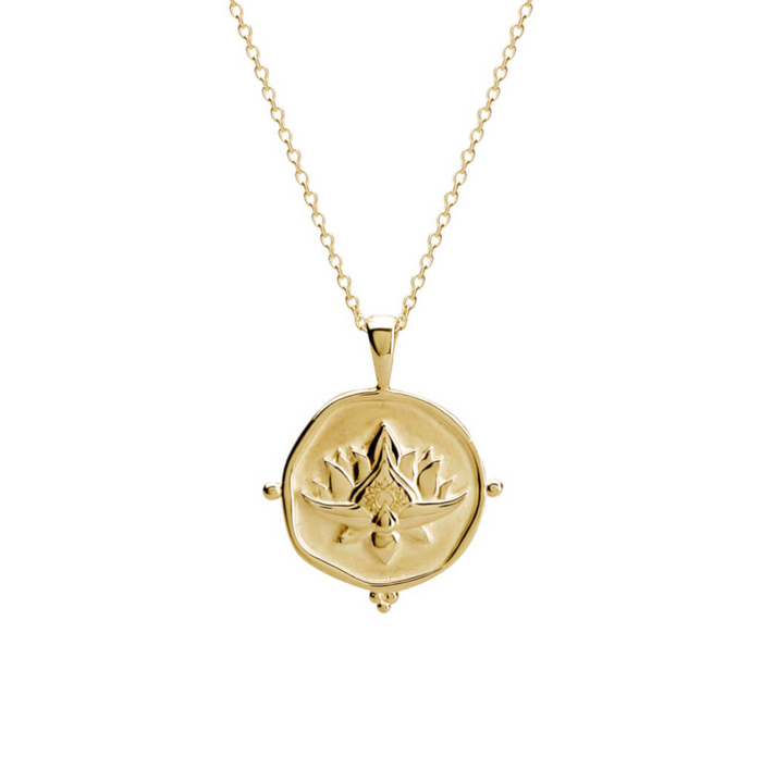 a 18 karat yellow gold plate necklace with a blooming lotus design pendant y murkani