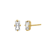 Baguette stud earrings by murkani jewellery are 18 karat gold plated with white topaz