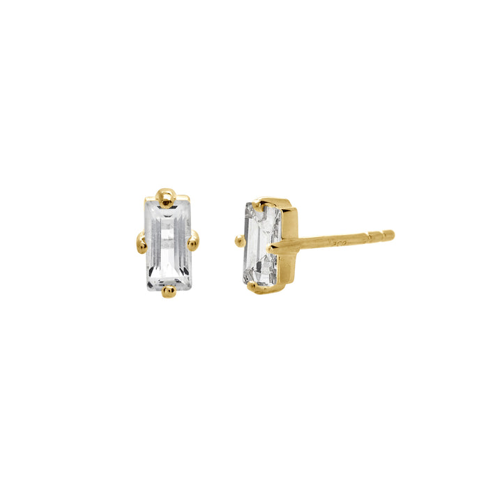 Baguette stud earrings by murkani jewellery are 18 karat gold plated with white topaz